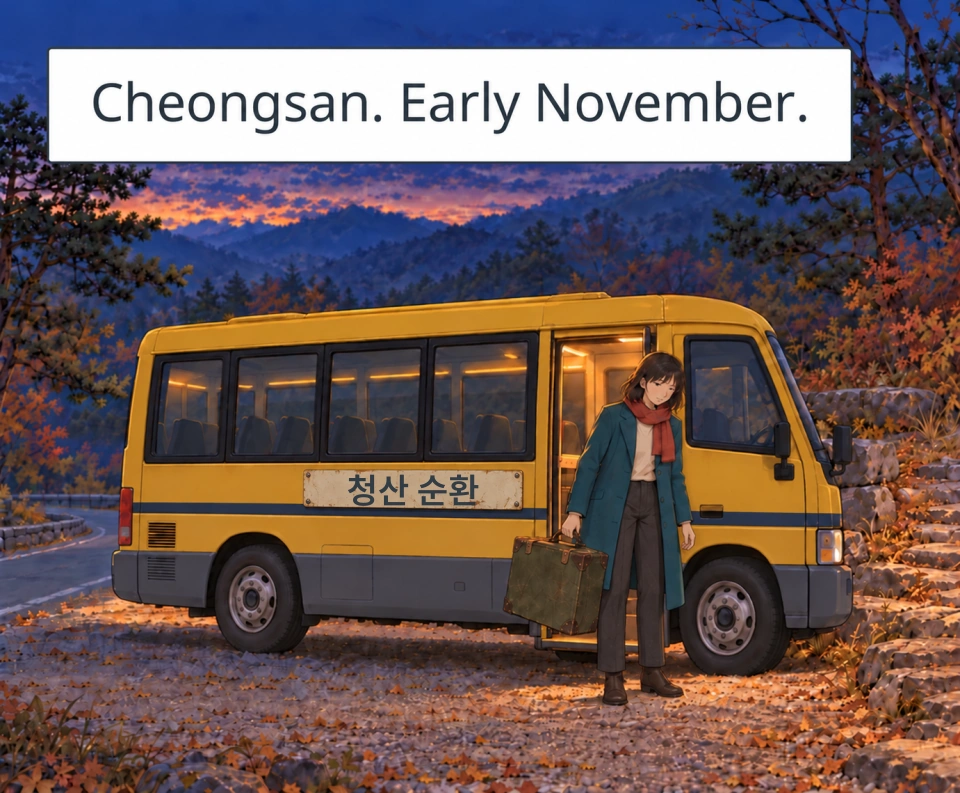 Panel 1. A small yellow bus has stopped beside a village path at dusk. Haneul stands on the gravel after stepping down, carrying her olive suitcase in her right hand. The yellow and navy village shuttle displays 청산 순환, Cheongsan circular service.