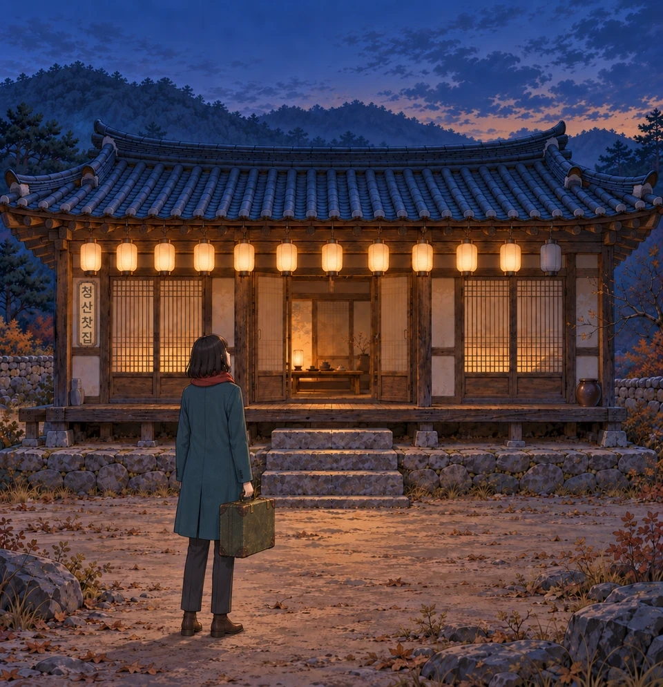 Panel 2. Haneul stands below the stone steps of her grandmother's tea house. Eleven paper lanterns glow beneath the eaves. The last lantern at the right is dark. A framed wooden plaque on the left pier reads 청산찻집, Cheongsan Tea House.