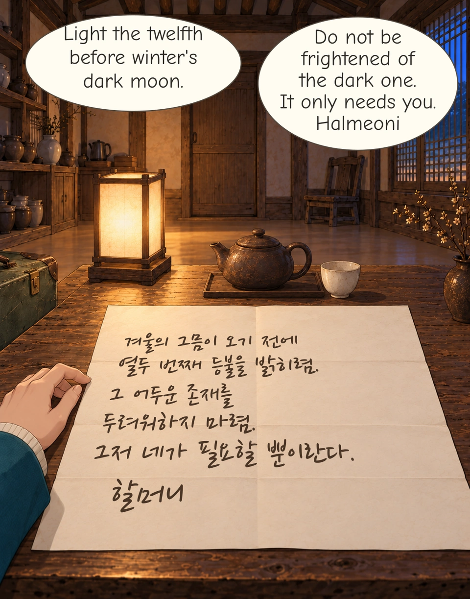 Halmeoni's Korean handwritten letter lies on the tea table. Two English document-reading bubbles give the complete letter and signature. Haneul's hand, teapot, lamp and empty chair remain visible.