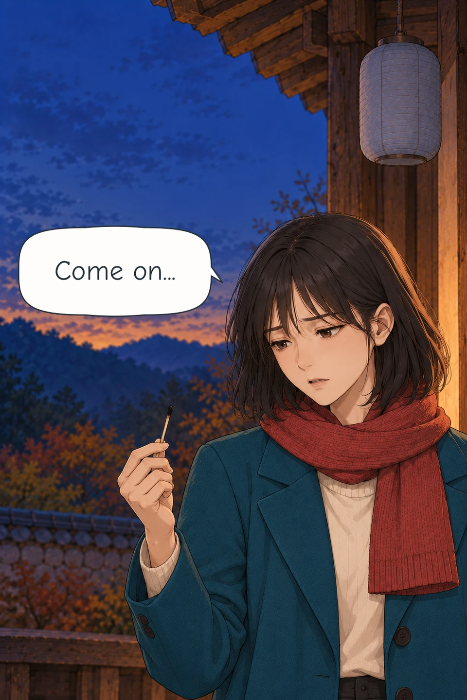 Panel 4. Outside beneath the dark lantern, Haneul frowns at a spent match held in her right hand.
