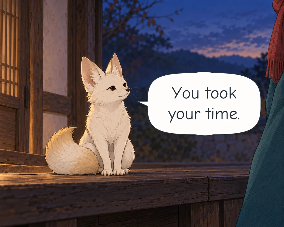 Panel 5. A small cream fox sits on the veranda ledge and speaks. Haneul stands just to the right.