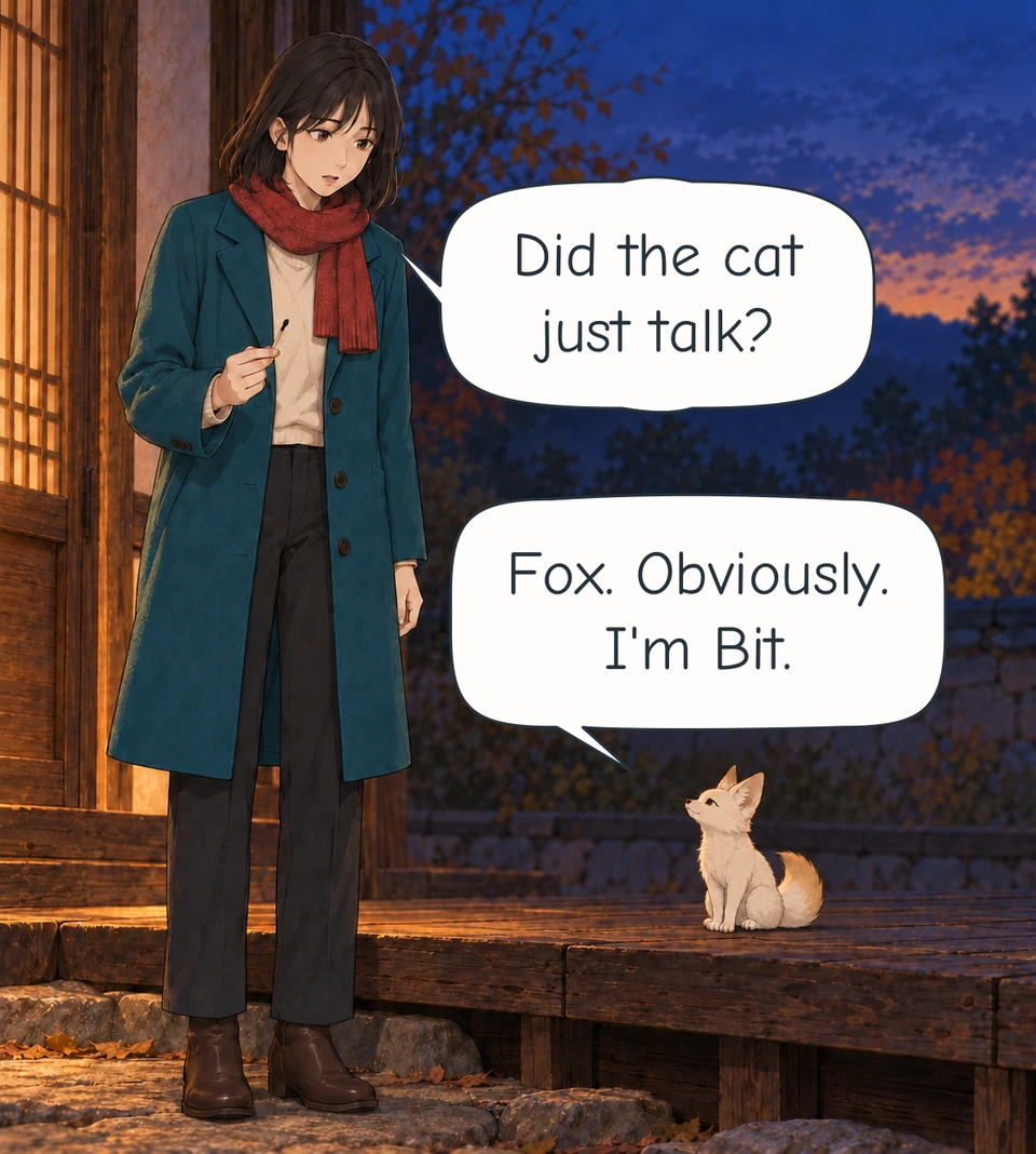 Panel 6. Haneul looks towards the little fox in surprise. She still holds the spent match.