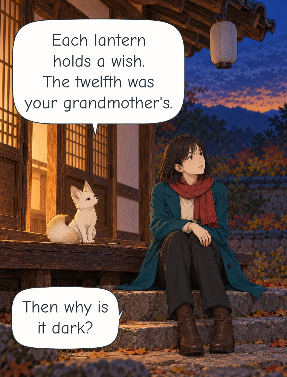 Panel 7. The fox sits on the low ledge. Haneul has sat on a stone step and looks up at the dark lantern. The spent match lies on the ledge; her hand rests empty on her knee.