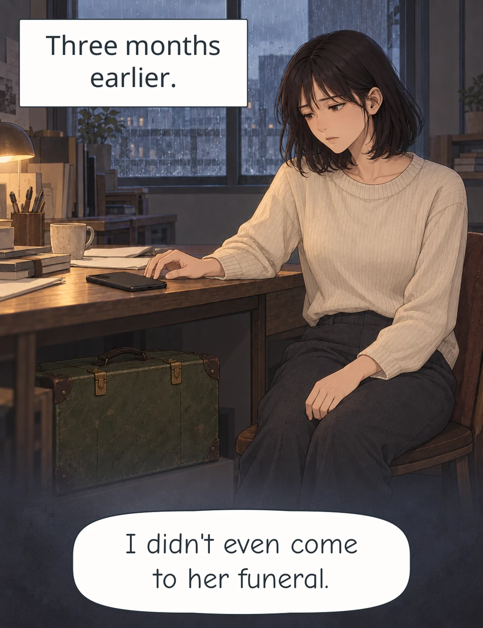 Panel 8. In a rain-grey city memory, Haneul sits at a desk in a cream top. Her hand hesitates beside an unanswered phone. A closed suitcase waits beneath the desk. Her admission is spoken in the present over this memory.