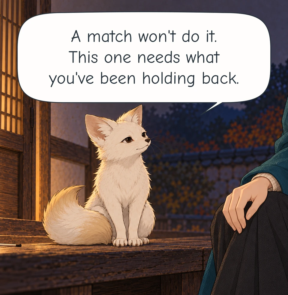 Panel 9. The fox's expression softens. Haneul's empty hand rests on her knee beside him; the spent match remains on the wood.