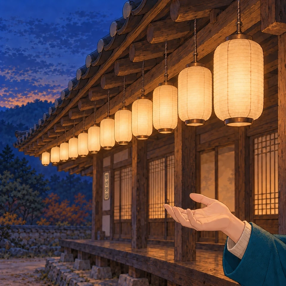Panel 11. The last lantern now glows with the other eleven. Warm light falls across Haneul's open palm. A framed wooden nameplate reads 청산찻집.