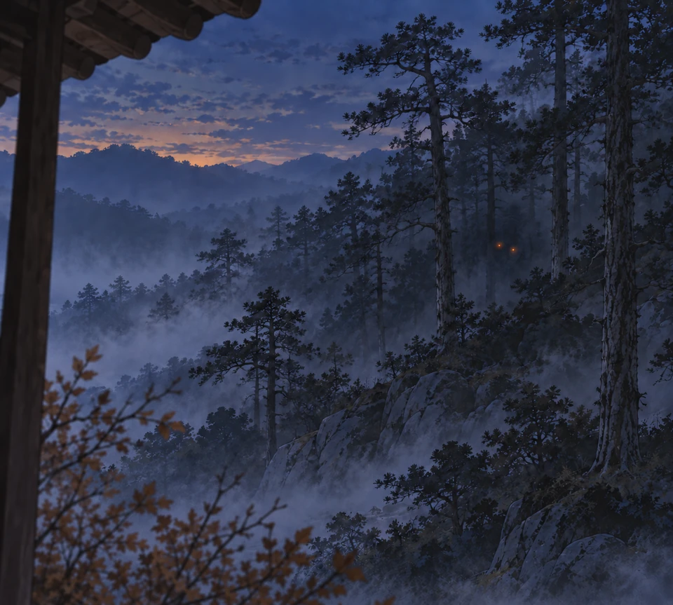 Panel 12. Two faint ember points watch from between distant pines in the blue mist.