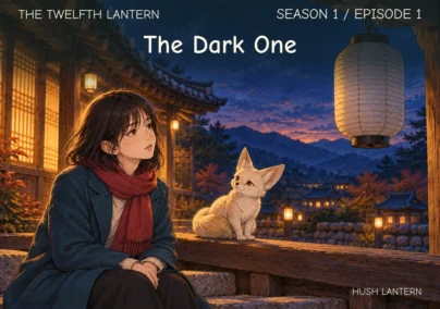 The Twelfth Lantern, Season 1 Episode 1: The Dark One. Haneul sits beside Bit on a teahouse veranda at dusk, looking towards a large unlit paper lantern.