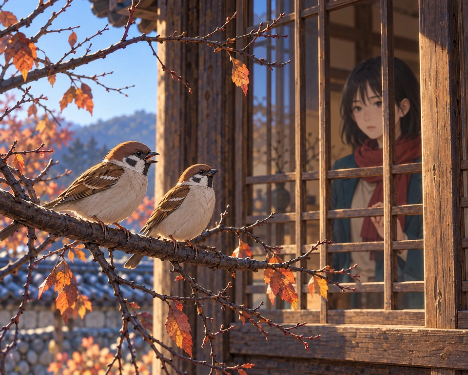 Panel 1. Cold autumn morning. Two birds perch outside the lattice window; Haneul listens from inside.