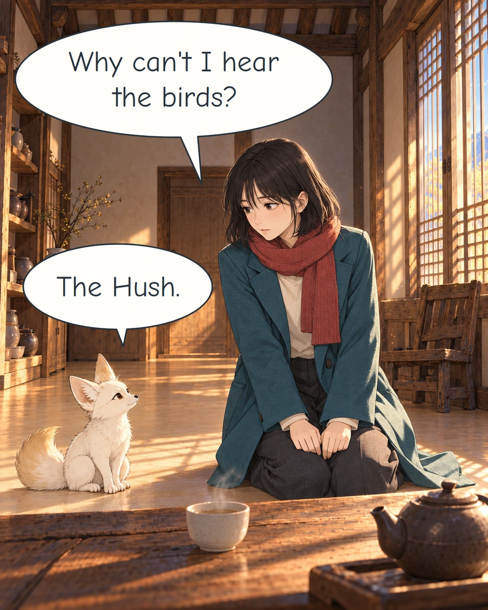 Panel 3. Haneul kneels beside the window and asks Bit about the silent birds. A teacup and teapot sit on the low table.