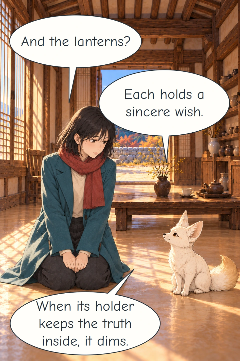 Panel 5. Haneul asks about the lanterns. Bit explains wishes and withheld truth.