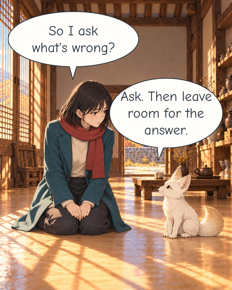Panel 6. Haneul leans forward to listen. Bit tells her to leave room for an answer.