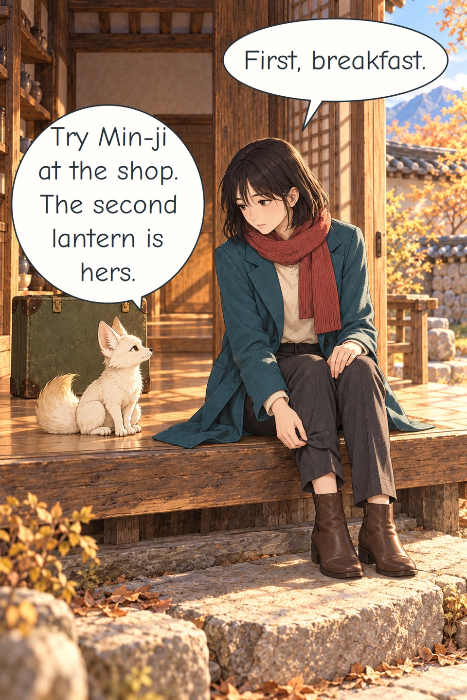 Panel 7. Haneul adjusts a trouser cuff at the threshold, with both boots supported on the step. Bit and her suitcase stay inside.