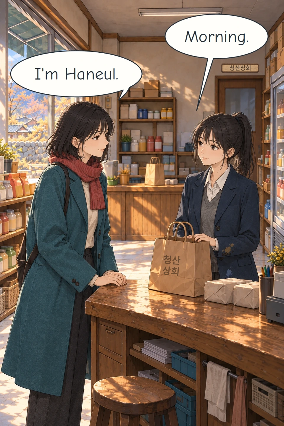 Panel 8. At the village shop, Haneul introduces herself to Min-ji across the wooden counter. The paper bag is stamped 청산상회, Cheongsan General Store. The Korean location name is displayed on a framed wooden nameplate.