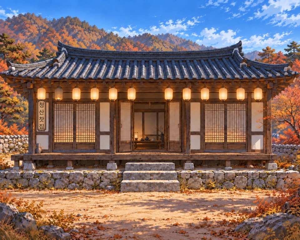 Panel 11. Exactly twelve lanterns hang beneath the tea-house eaves. The second dims while the other eleven stay lit. A framed wooden plaque on the left pier reads 청산찻집, Cheongsan Tea House.