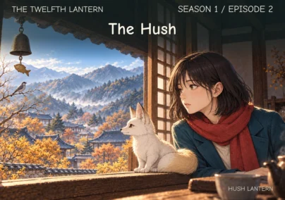 The Twelfth Lantern, Season 1 Episode 2: The Hush. Haneul and Bit look from a timber window towards a mountain village beneath a small hanging bell.