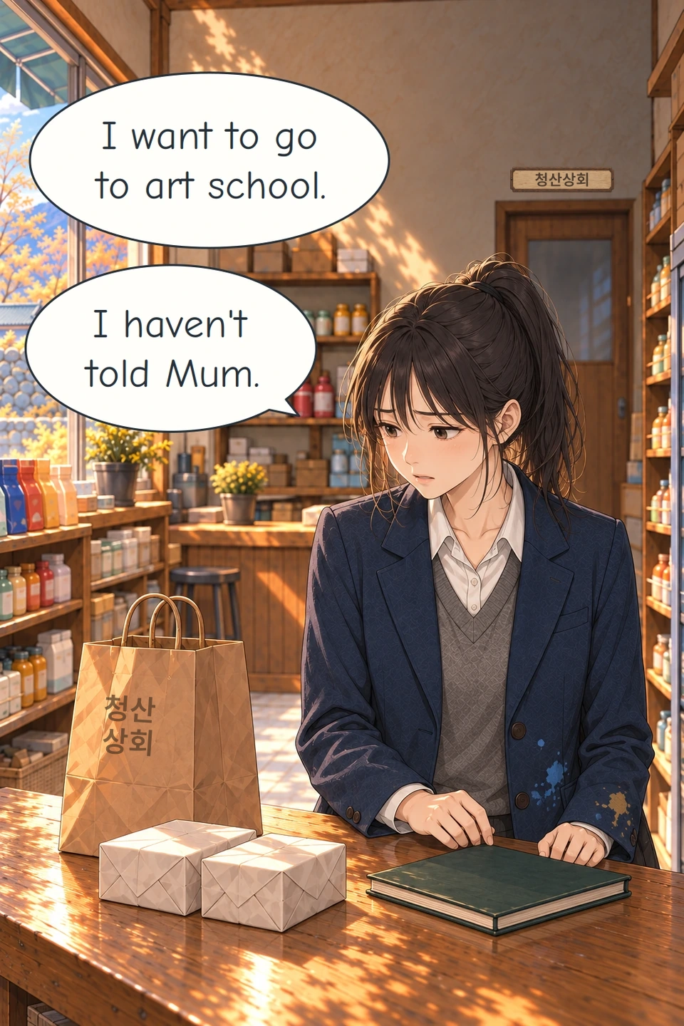 Panel 2. Min-ji looks down at the book and admits the wish she has kept from her mother. The paper bag is stamped 청산상회, Cheongsan General Store. The Korean location name is displayed on a framed wooden nameplate.