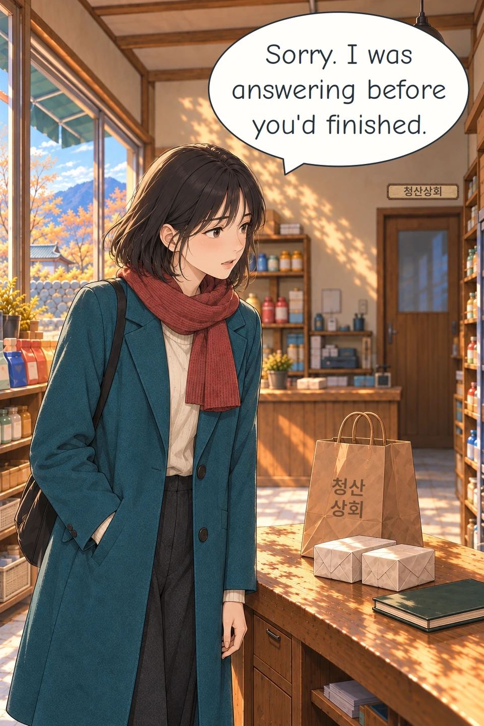 Panel 5. Haneul eases her shoulders and recognises that she answered too soon. The paper bag is stamped 청산상회, Cheongsan General Store. The Korean location name is displayed on a framed wooden nameplate.
