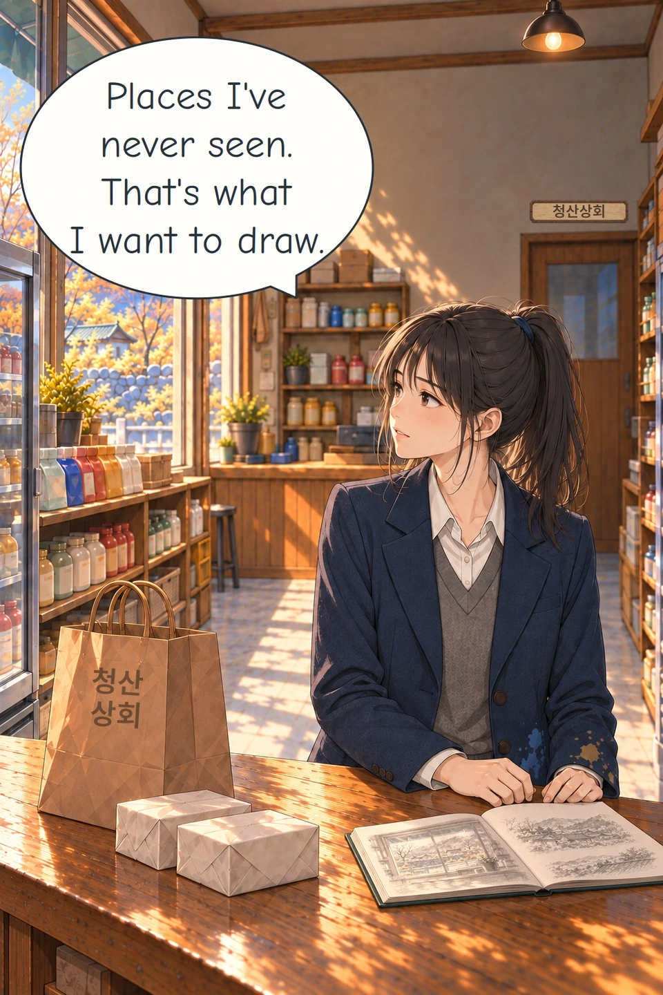Panel 7. Min-ji looks towards the mountains beyond the shop window. The paper bag is stamped 청산상회, Cheongsan General Store. The Korean location name is displayed on a framed wooden nameplate.