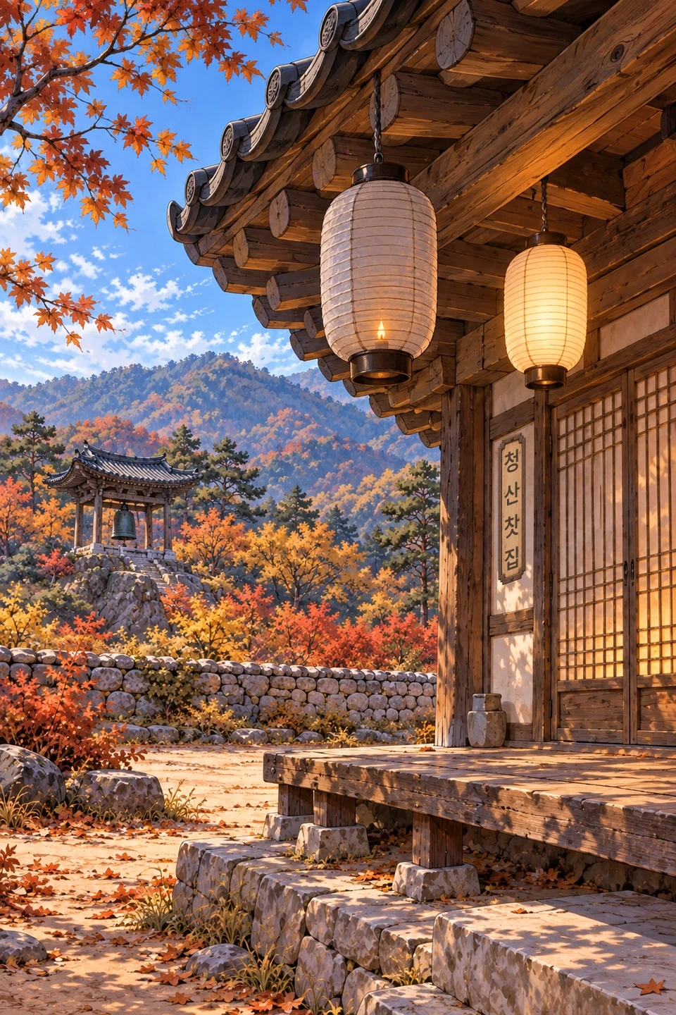Panel 12. The first tea-house lantern flickers with a small flame while the second stays bright. A separate bell pavilion stands silently in the distance. A framed wooden plaque on the left pier reads 청산찻집, Cheongsan Tea House.
