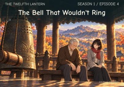 The Twelfth Lantern, Season 1 Episode 4: The Bell That Wouldn't Ring. A large bronze bell fills the foreground while Haneul sits beside an older man in a mountain pavilion.