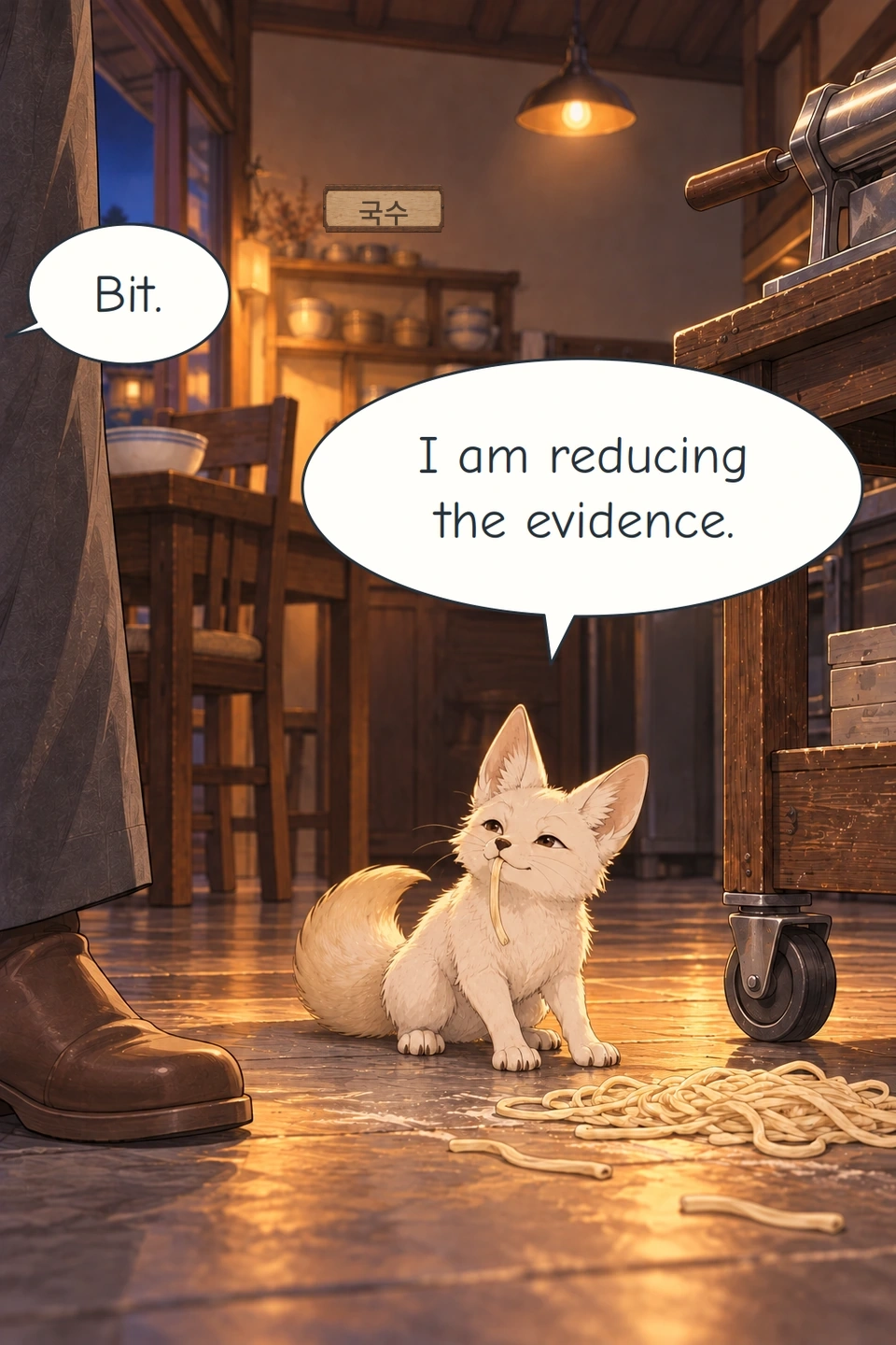 Panel 7. Bit, small beside Haneul's boot and the trolley wheel, has a noodle dangling from his mouth. Haneul calls from off-panel. A framed wooden sign above the service shelf reads 국수 (noodles).