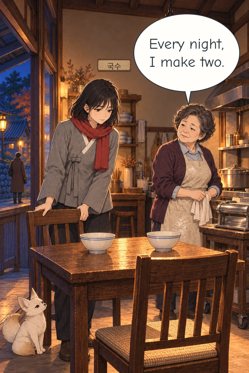 Panel 9. Haneul draws out a chair at the table. The two empty bowls and the spare place remain. A traveller waits outside the shop window. A framed wooden sign above the service shelf reads 국수 (noodles).