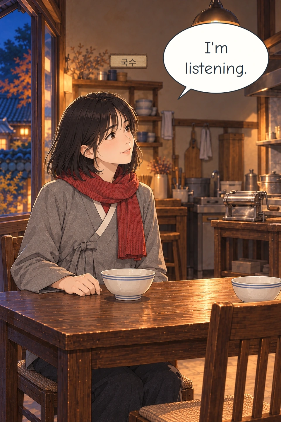 Panel 10. Haneul sits at one place and looks up attentively. The opposite chair is still empty. A framed wooden sign above the service shelf reads 국수 (noodles).