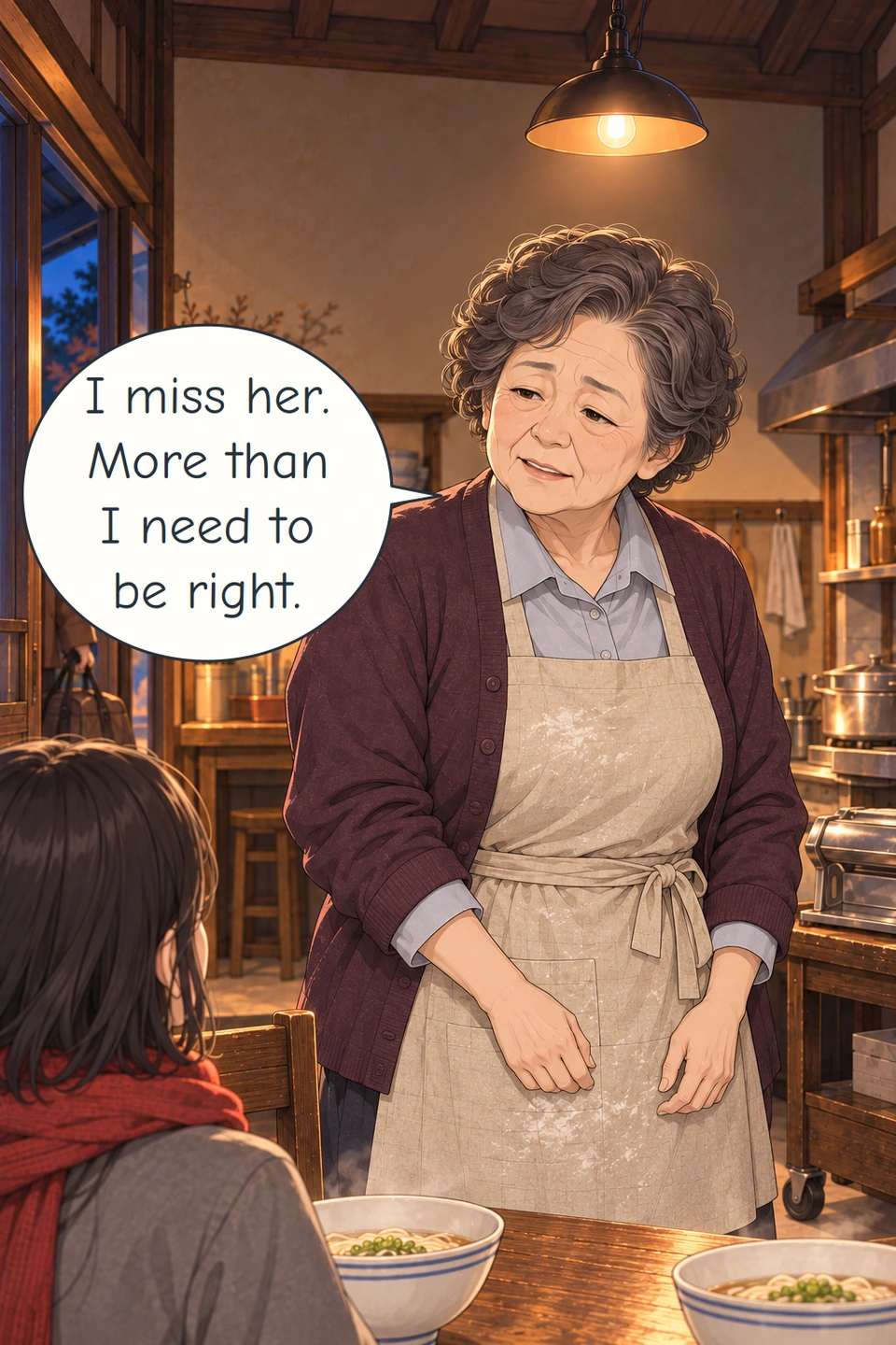 Panel 11. The two bowls now hold hot noodle soup. Madam Oh faces the seated Haneul with lowered shoulders and open hands. She says what she has been holding back.