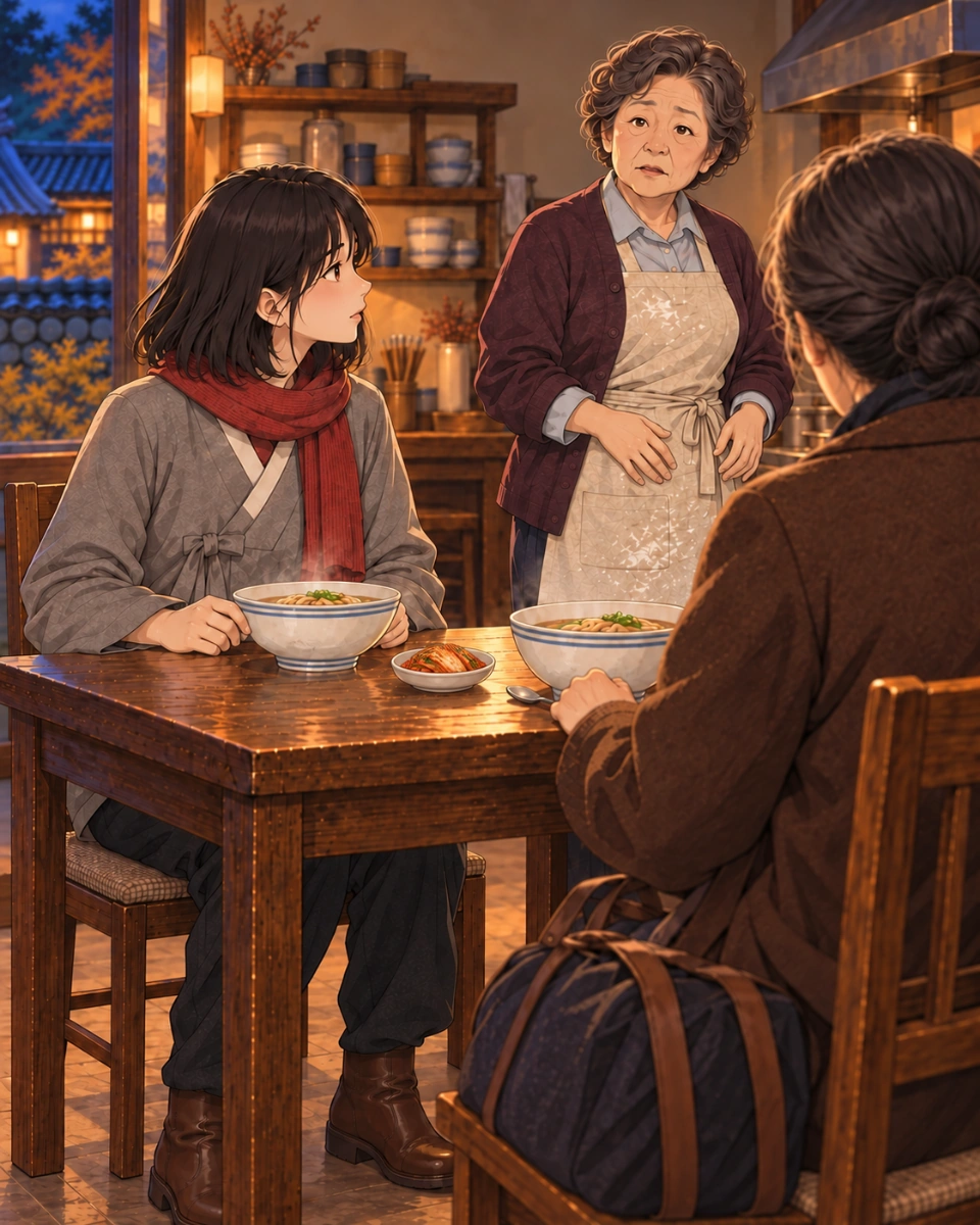 Panel 12. A brown-coated stranger has taken the previously empty seat and the second bowl. A travel bag rests by her chair. Her face is concealed from the reader. Haneul turns towards her; Madam Oh stops in recognition. Silent final panel. A small shared dish of kimchi sits between the two bowls.