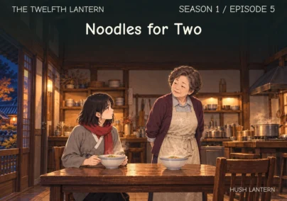 The Twelfth Lantern, Season 1 Episode 5: Noodles for Two. Haneul sits before a bowl of noodles while Halmeoni stands beside the table in the warmly lit teahouse.