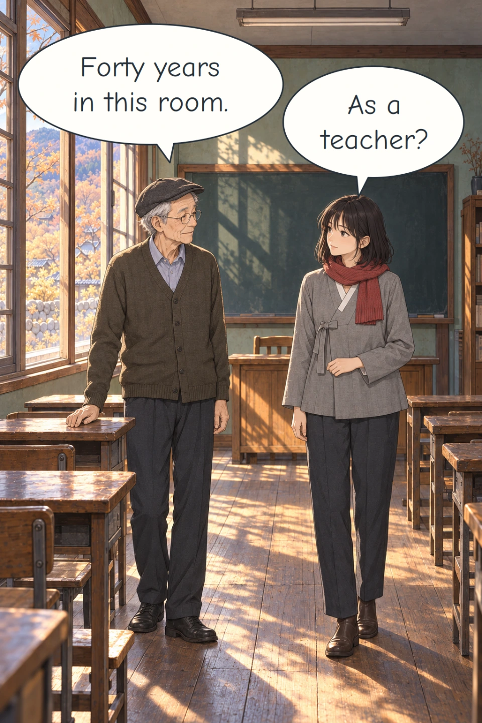 Panel 2. Baek and Haneul stand among empty wooden pupil desks.