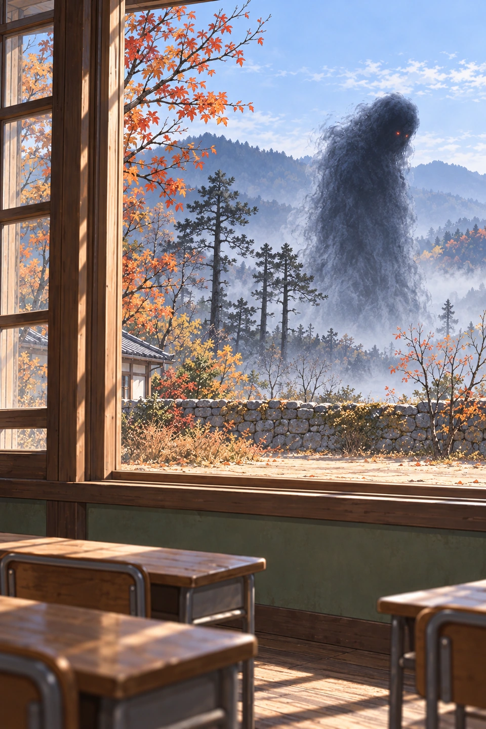 Panel 12. Outside the school, the mist-shaped presence stands among the pines in broad daylight.
