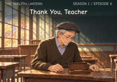 The Twelfth Lantern, Season 1 Episode 6: Thank You, Teacher. An older man with glasses and a cap sits at a classroom desk before a chalkboard.