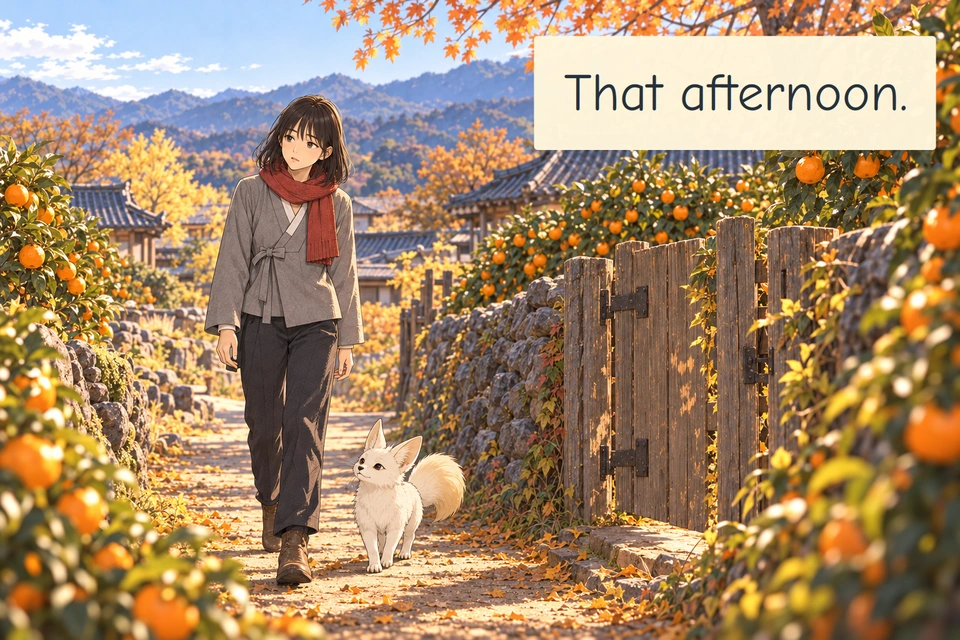 Panel 1. Haneul and Bit approach a narrow gate between two tangerine plots.