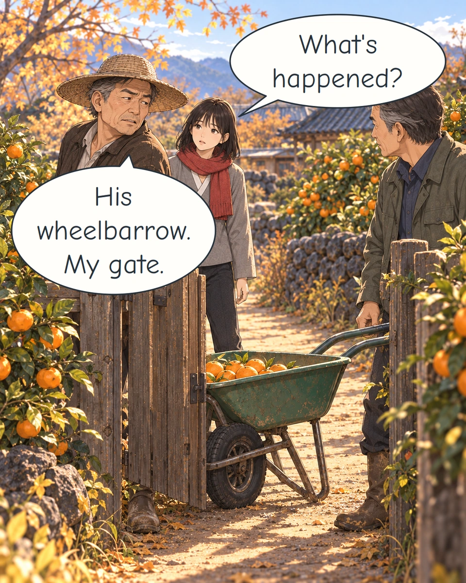 Panel 2. A wheelbarrow is wedged in the gate while two brothers stand on either side.