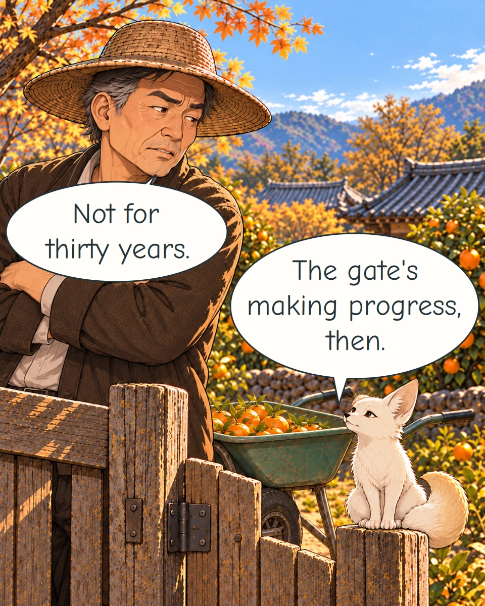 Panel 4. Chang-su admits the silence has lasted thirty years; Bit surveys the stuck gate.