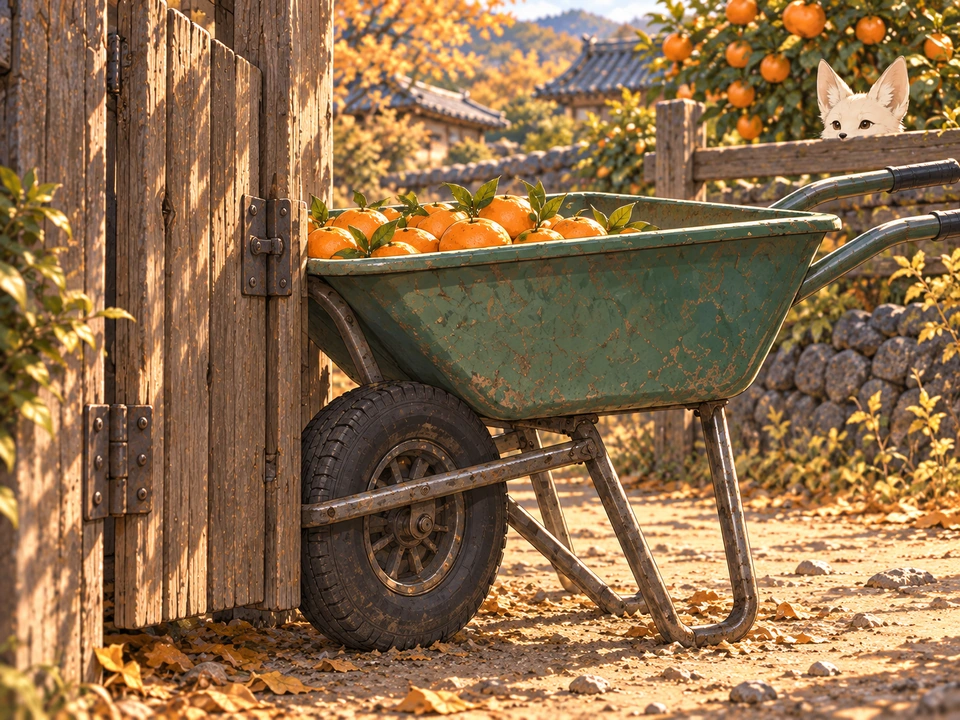 Panel 5. The wheelbarrow's rim is caught against the gate; its handles extend into Chang-ho's plot.