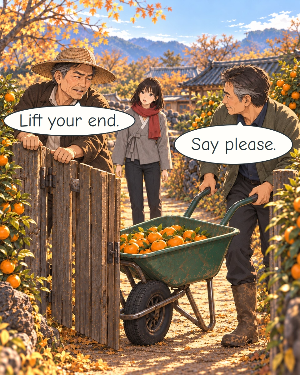 Panel 6. The brothers speak directly as they try to free the gate and wheelbarrow.