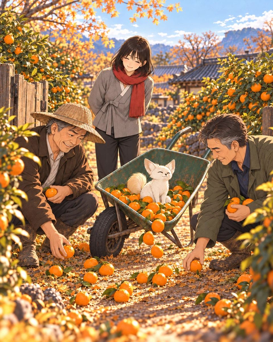 Panel 7. Tangerines tumble from the tilted, freed wheelbarrow across the lane. Bit sits inside while the brothers gather the fruit.