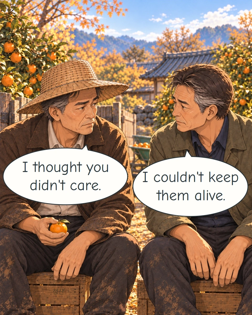 Panel 10. The brothers finally say what the loss of the trees meant to each of them. The wooden crate bears the grower mark 청산, Cheongsan.
