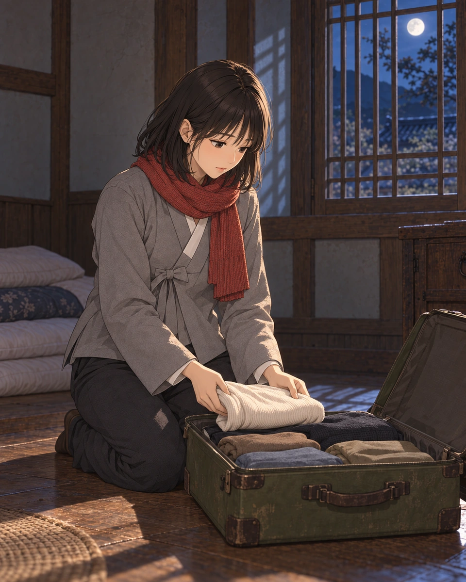 Panel 12. That night, Haneul packs her olive suitcase in the dark.