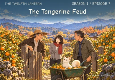 The Twelfth Lantern, Season 1 Episode 7: The Tangerine Feud. Haneul stands between two men across a fence in a tangerine orchard, with Bit in a green wheelbarrow.