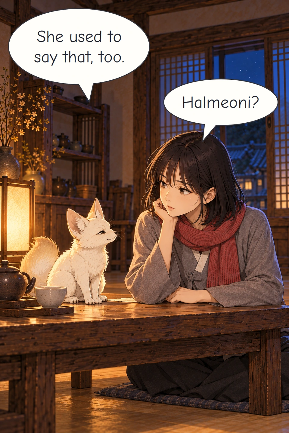 Panel 2. Bit's expression softens as Haneul asks whether he means Halmeoni.