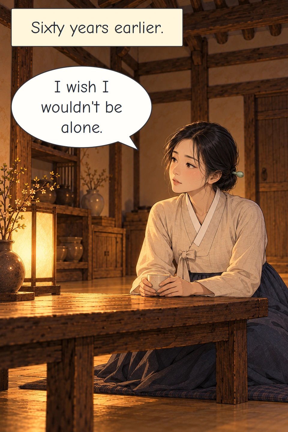 Panel 5. Sixty years earlier, young Yoon Seon-ja sits alone holding one teacup and wishes for company.