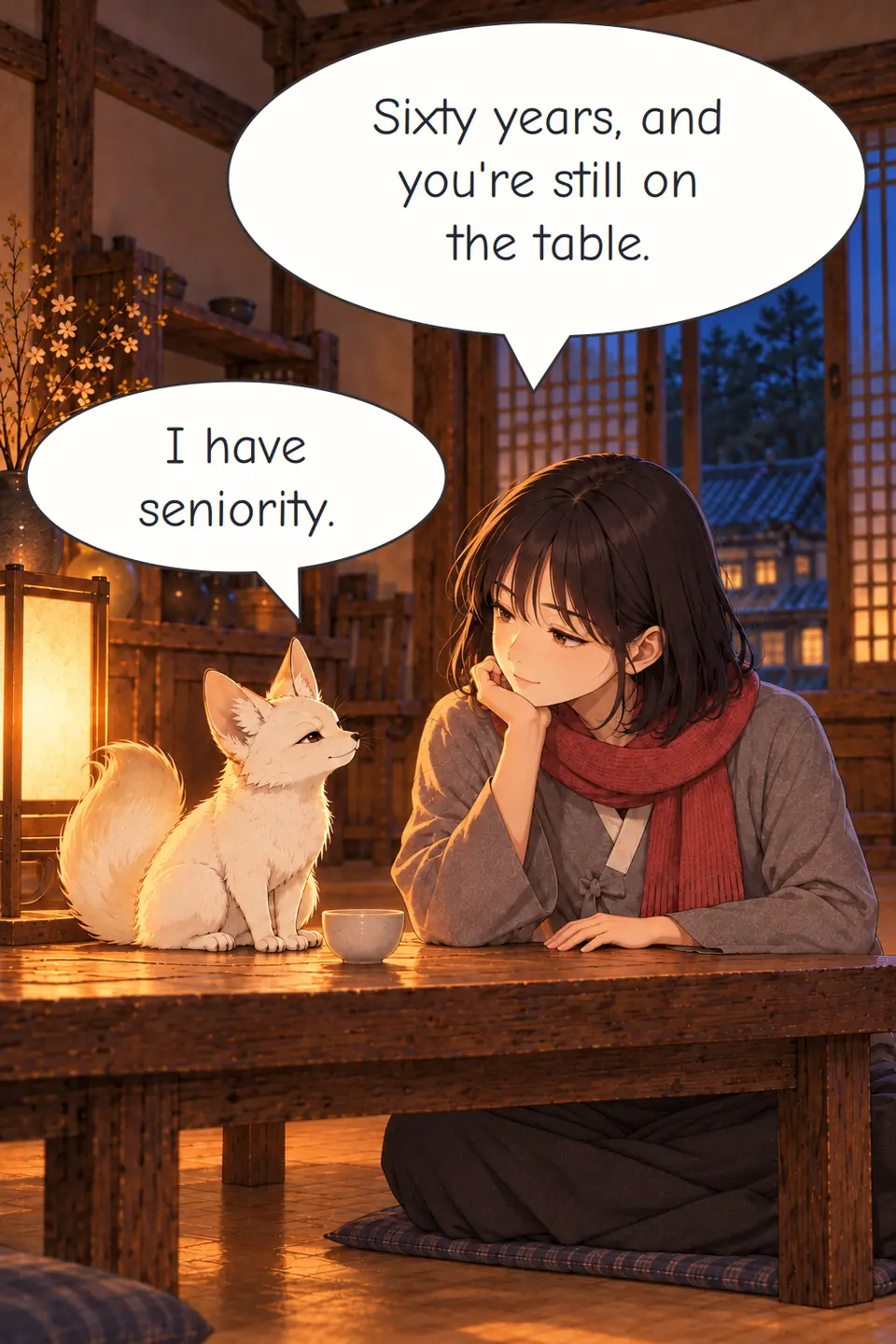 Panel 10. Back in the present, Haneul and Bit exchange a little dry humour across the tea table.