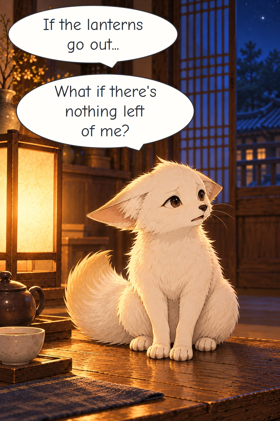 Panel 11. Bit lowers his ears and admits his fear that nothing of him will remain if the lanterns go out.