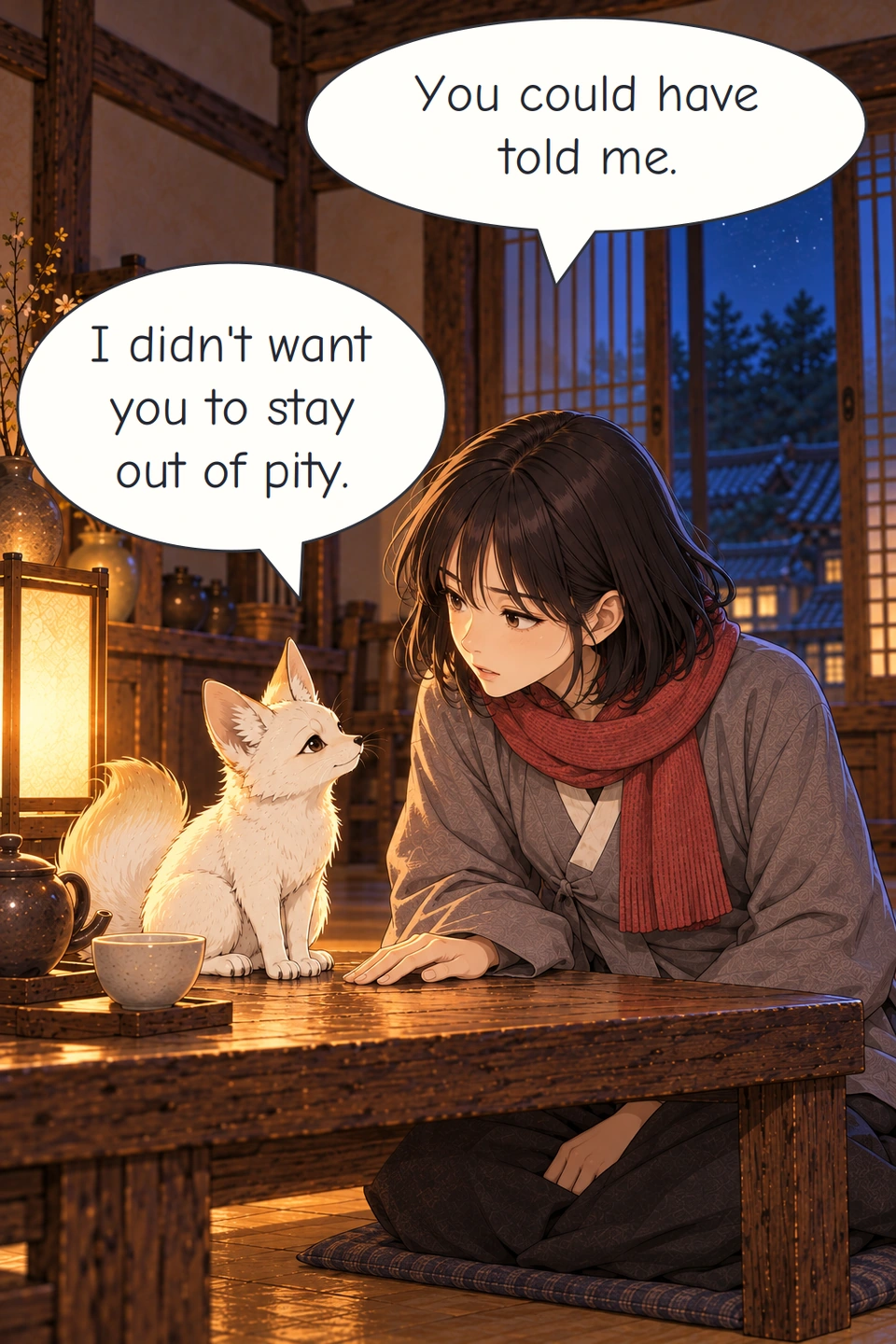 Panel 12. Haneul leans to Bit's eye level; he admits that he did not want her to stay out of pity.