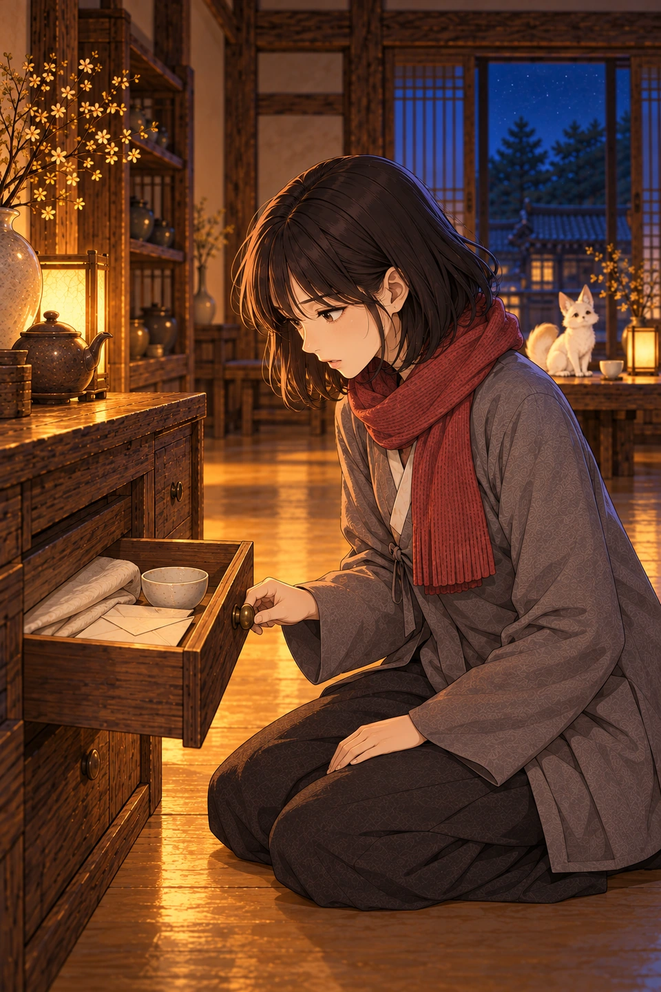 Panel 13. Silent panel. Haneul opens a service-cabinet drawer and finds a closed cream envelope beside a folded cloth and spare cup.