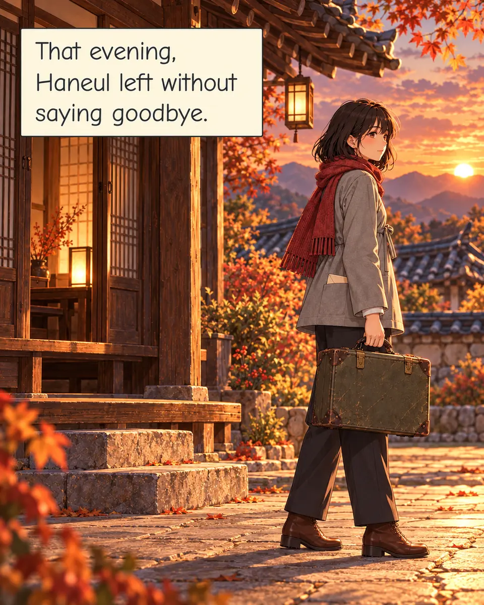 Panel 1. At dusk, Haneul leaves the tea house carrying her olive suitcase. She wears the inherited grey jacket and red scarf. The second letter stays sealed in her pocket.